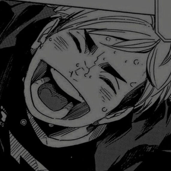a black and grey image of Miya Atsumu from the manga, his smile is massive.
